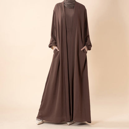 Solid Color Elegant Open Abaya with Pockets | 3-Piece Set Open Abaya (MOA092)