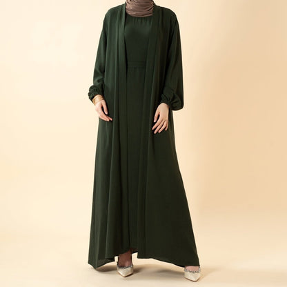 Solid Color Elegant Open Abaya with Pockets | 3-Piece Set Open Abaya (MOA092)